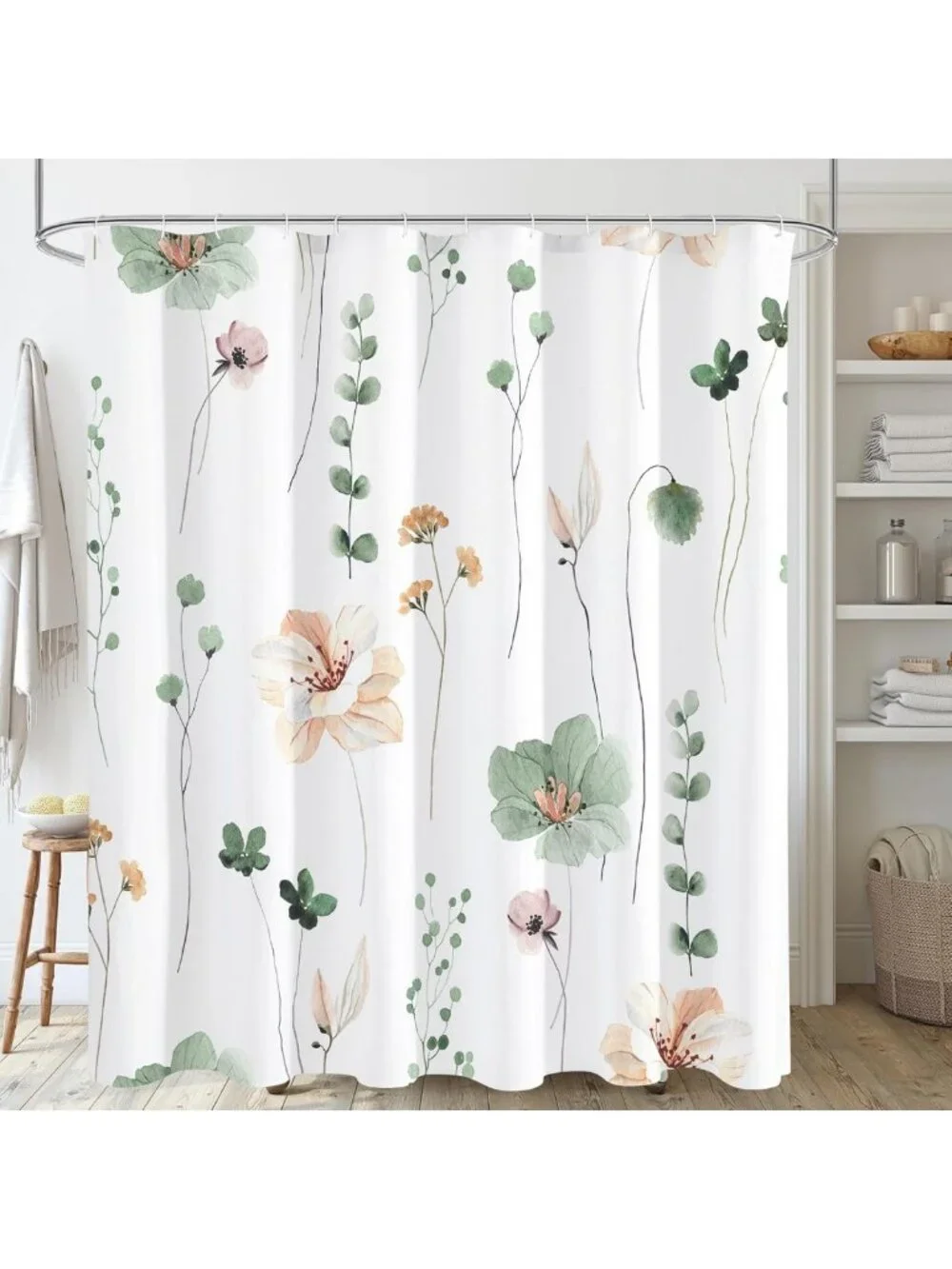 Sage Green Beige Floral Shower Curtain 72x72 | Waterproof, Modern, Machine